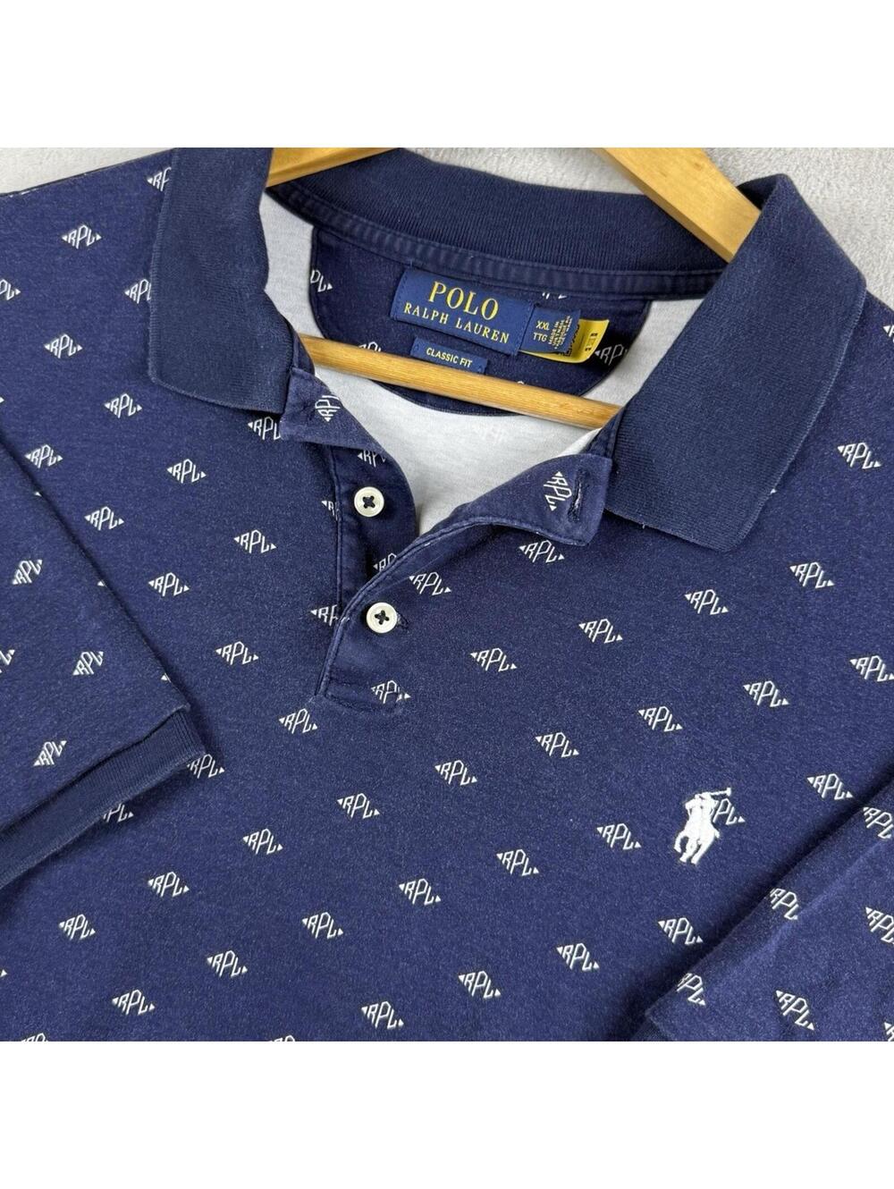 Polo Ralph Lauren Classic Fit Men XXL Navy All Over Print Pony Polo Shirt Preppy